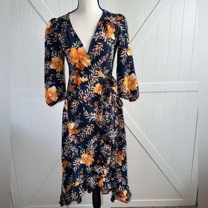 NWT Francesca’s Blue Rain Floral Wrap Dress Navy Orange Hi-Low Ruffle Size XS